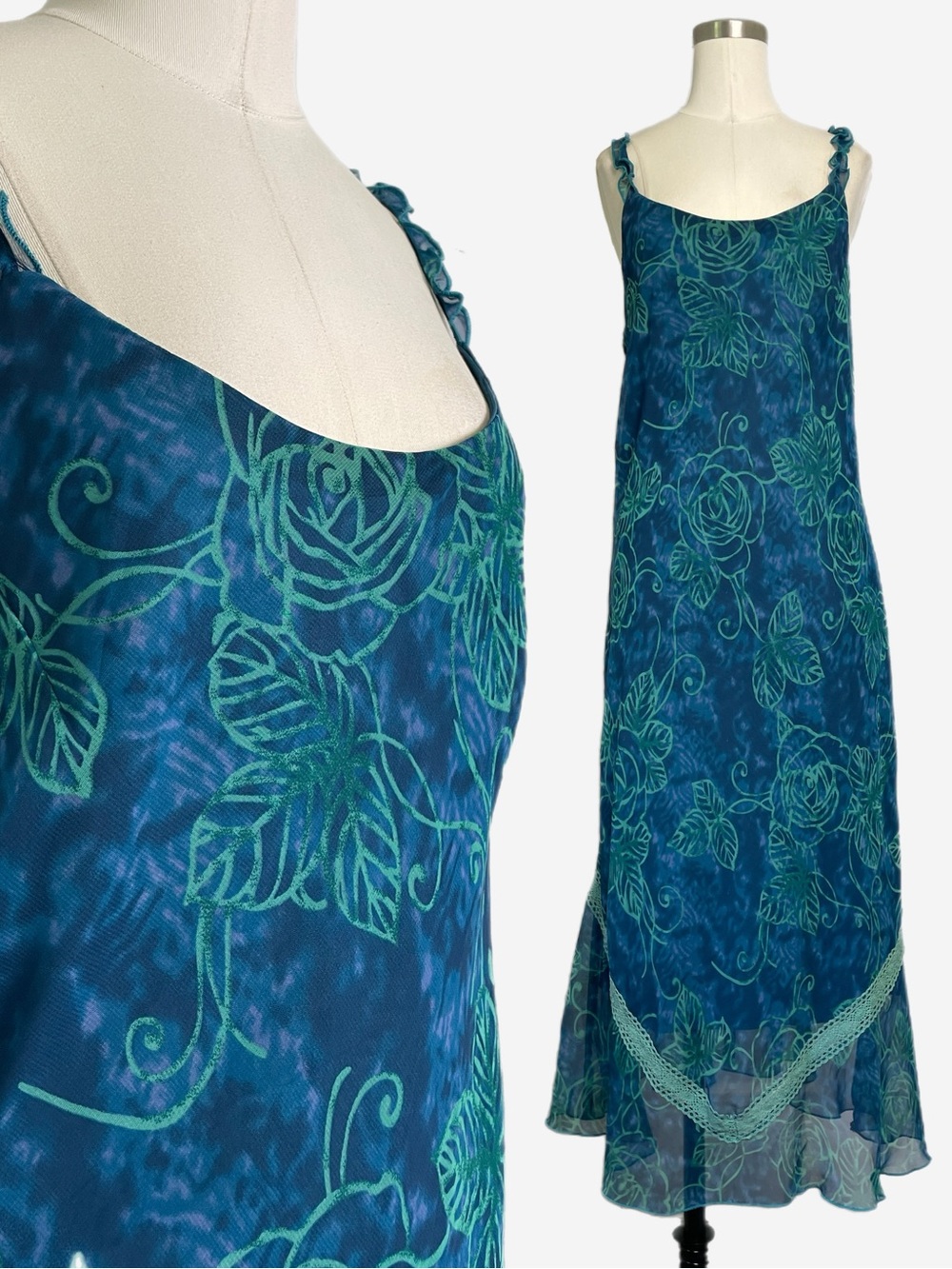 Ombre Blue tie dye green floral chiffon crochet slip dress Y2K fairy grunge 14